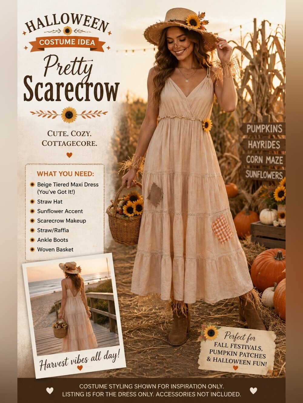 easel Beige Tiered V-Neck Spaghetti Strap Maxi Dress